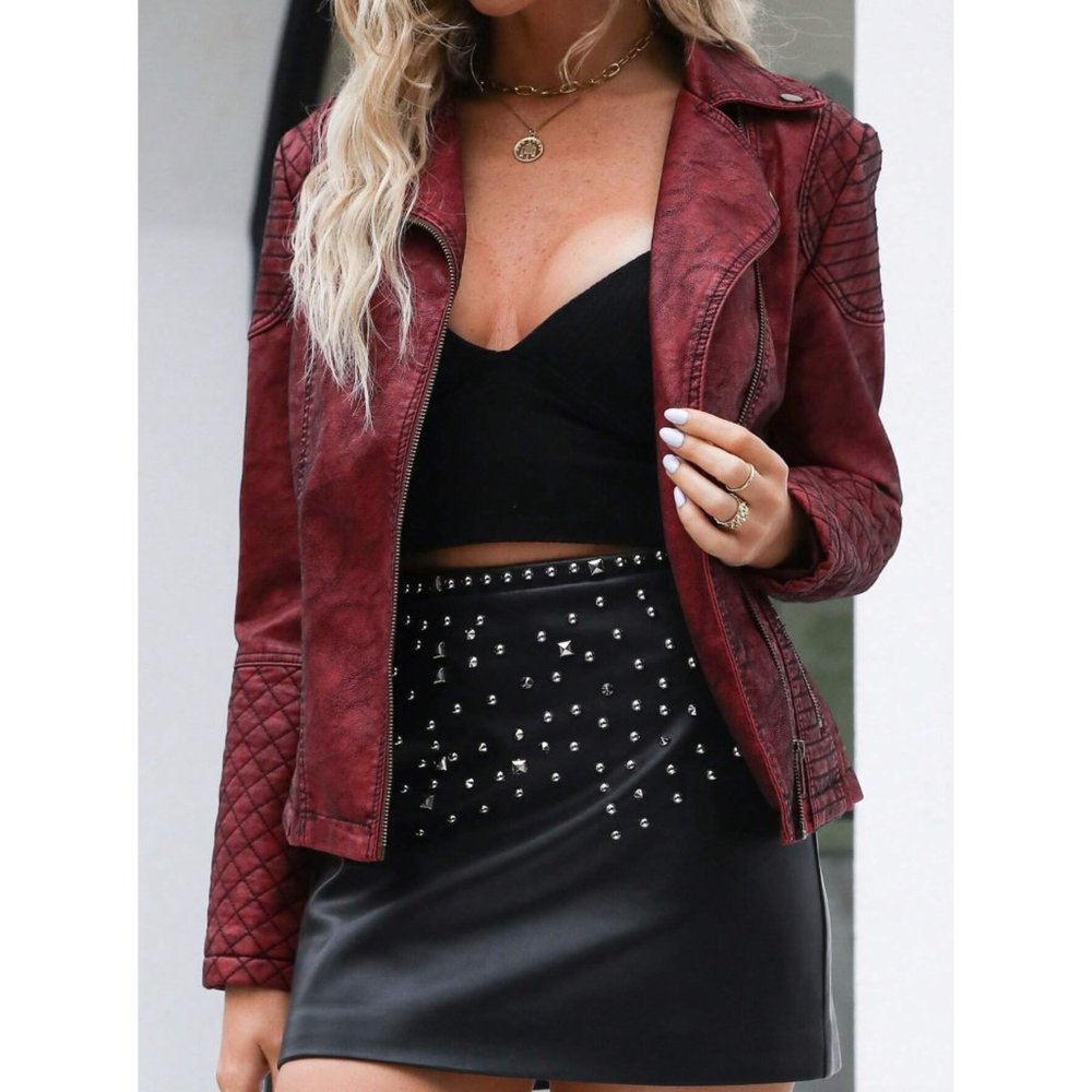 Red Faux Leather Moto Jacket Fitted Quilted Bomber Motorcycle Biker Jacket Coat - Picture 3 of 8
